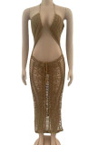 Brown Sexy Solid Hollowed Out Patchwork Swimwears Cover Up