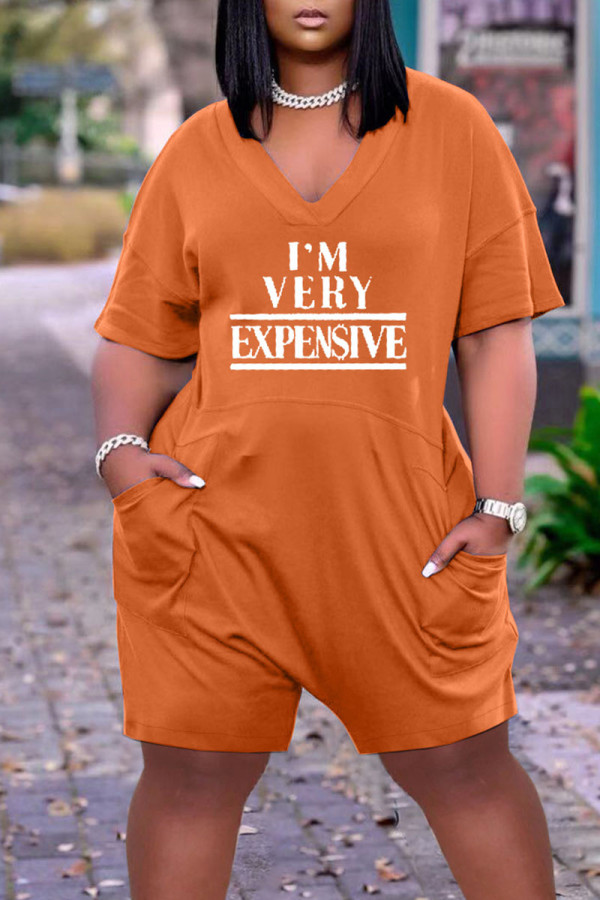 Tangerine Red Casual Print Patchwork V Neck Straight Rompers