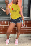 Yellow Fashion Casual Print Basic O Neck T-Shirts
