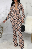 Khaki Fashion Plaid Patchwork Turndown Collar Boot Cut Jumpsuits