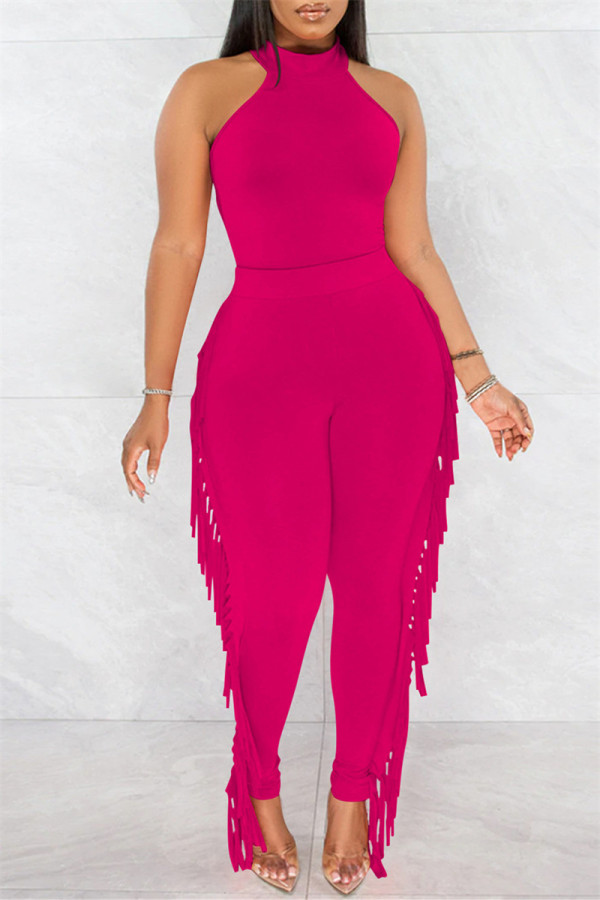 Rose Red Fashion Casual Solid Tassel Patchwork O Neck Sleeveless Two Pieces