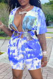 Pink Casual Print Tie-dye V Neck Short Sleeve Two Pieces