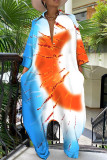 Orange Fashion Casual Print Tie-dye Turndown Collar Loose Jumpsuits