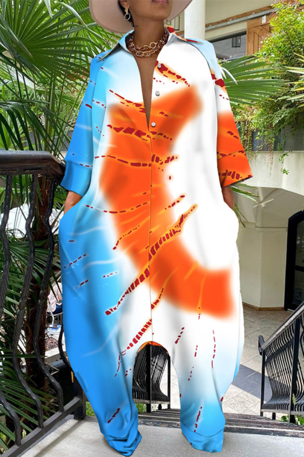 Orange Fashion Casual Print Tie-dye Turndown Collar Loose Jumpsuits