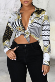 Black Fashion Print Patchwork Turndown Collar Tops