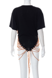 Black Fashion Print Bandage O Neck T-Shirts