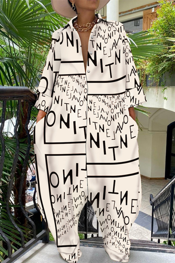 Cream White Fashion Casual Letter Print Turndown Collar Loose Jumpsuits