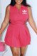 Rose Red Fashion Casual Print Letter Turndown Collar Sleeveless Two Pieces