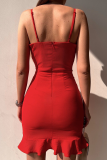 Red Fashion Solid Flounce Spaghetti Strap Pencil Skirt Dresses