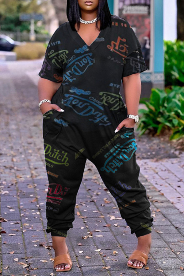 Black Fashion Casual Print Basic V Neck Regular Jumpsuits