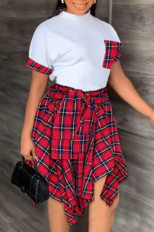 Red Casual Print Bandage Patchwork Asymmetrical O Neck Short Sleeve Two Pieces