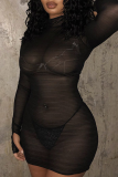Black Sexy Solid Mesh Half A Turtleneck Pencil Skirt Dresses