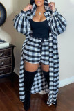 Black White Casual Plaid Print Patchwork Buckle Turndown Collar Long Sleeve Two Pieces