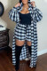 Black White Casual Plaid Print Patchwork Buckle Turndown Collar Long Sleeve Two Pieces