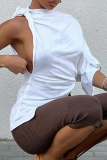White Fashion Solid Patchwork One Shoulder T-Shirts
