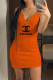 Orange Fashion Casual Print Letter V Neck One Step Skirt Dresses