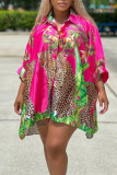 Red Casual Print Patchwork Buckle Turndown Collar Tops