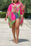 Red Casual Print Patchwork Buckle Turndown Collar Tops