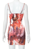 Red Sexy Print Patchwork Spaghetti Strap Pencil Skirt Dresses