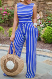 Blue Casual Striped Print Patchwork O Neck Sleeveless Two Pieces