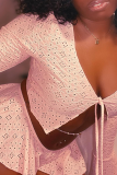 Pink Sexy Solid Hollowed Out V Neck Long Sleeve Two Pieces