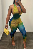 Blue Yellow Fashion Sexy Print Backless Halter Skinny Jumpsuits