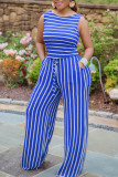 Blue Casual Striped Print Patchwork O Neck Sleeveless Two Pieces