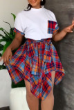 Red Casual Print Bandage Patchwork Asymmetrical O Neck Short Sleeve Two Pieces