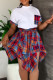 Red Blue Casual Print Bandage Patchwork Asymmetrical O Neck Short Sleeve Two Pieces