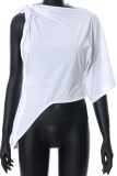 White Fashion Solid Patchwork One Shoulder T-Shirts