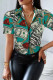 Cyan Casual Print Patchwork Buckle Turndown Collar Tops