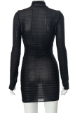 Black Sexy Solid Mesh Half A Turtleneck Pencil Skirt Dresses