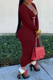 Burgundy Casual Print Patchwork U Neck One Step Skirt Dresses