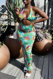 Green Sexy Print Hollowed Out Patchwork Halter One Step Skirt Dresses
