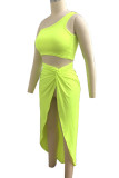 Red Sexy Solid Patchwork Slit Asymmetrical Oblique Collar Sleeveless Two Pieces