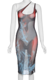 Red Sexy Print Patchwork Spaghetti Strap Pencil Skirt Dresses