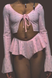 Pink Sexy Solid Hollowed Out V Neck Long Sleeve Two Pieces
