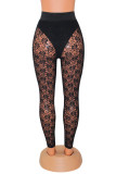 Black Fashion Sexy Solid Patchwork See-through Skinny High Waist Pencil Trousers