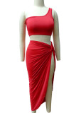 Red Sexy Solid Patchwork Slit Asymmetrical Oblique Collar Sleeveless Two Pieces