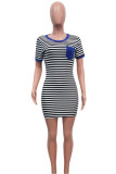 Blue Sexy Fashion Cap Sleeve Short Sleeves O neck Step Skirt skirt Patchwork Pocket Print Strip