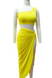 Red Sexy Solid Patchwork Slit Asymmetrical Oblique Collar Sleeveless Two Pieces
