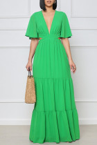 Green Elegant Solid Hollowed Out Patchwork V Neck Straight Dresses
