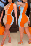 Tangerine Red Casual Solid Patchwork Zipper Collar Sleeveless Two Pieces