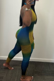 Blue Yellow Fashion Sexy Print Backless Halter Skinny Jumpsuits