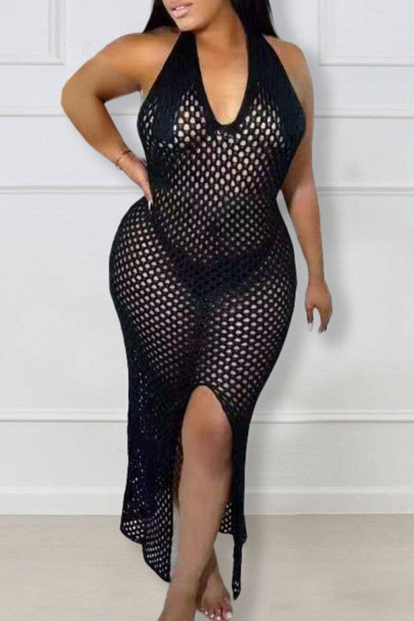 Black Sexy Solid Hollowed Out Patchwork Backless Swimwears Cover Up