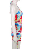 Red Blue Sexy Print Patchwork Halter Pencil Skirt Dresses