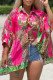 Red Casual Print Patchwork Buckle Turndown Collar Tops