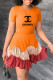 Orange Fashion Casual Print Patchwork Letter O Neck Pleated Dresses