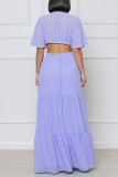 Purple Elegant Solid Hollowed Out Patchwork V Neck Straight Dresses