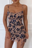 Coffee Sexy Print Patchwork Spaghetti Strap Pencil Skirt Dresses